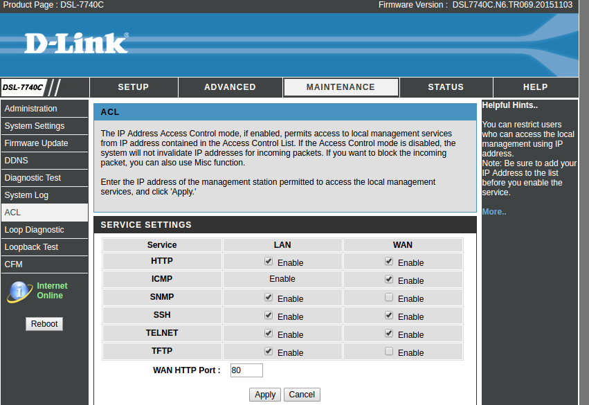 DSL-7740C ACL setting page