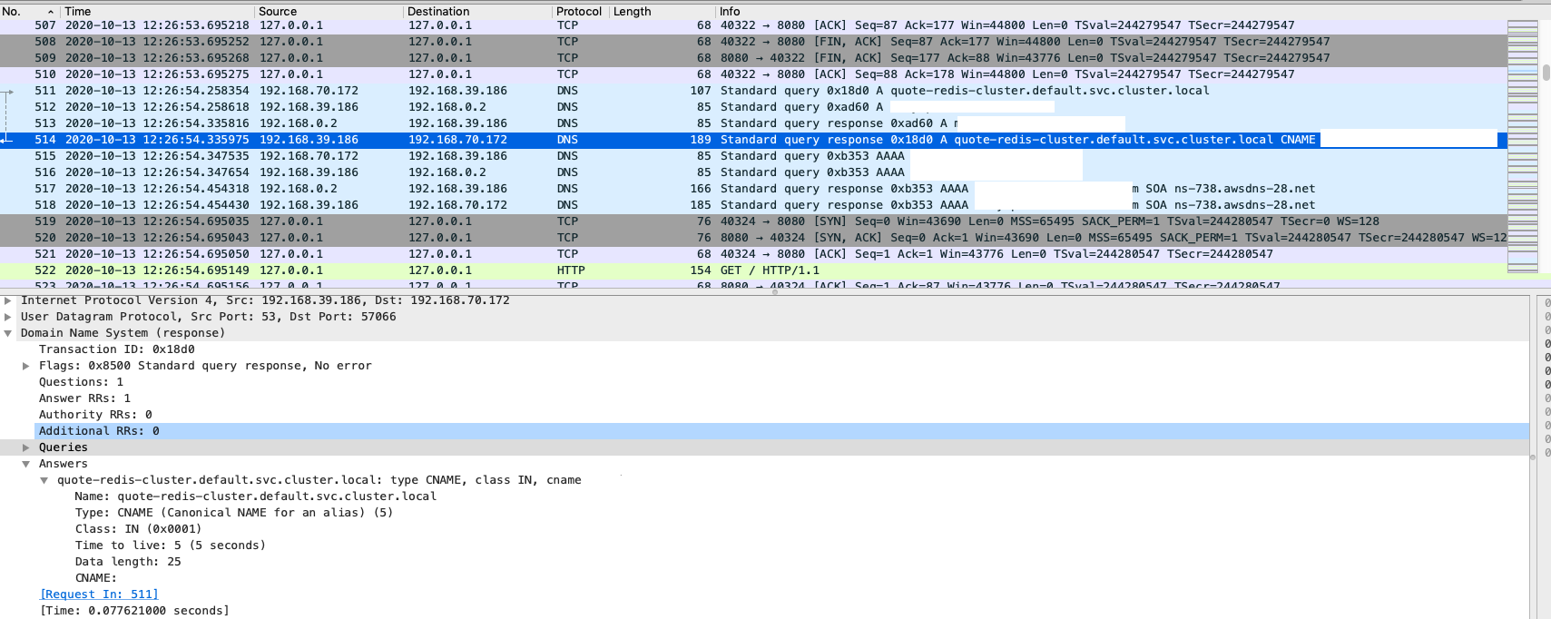 The network packet collected from client