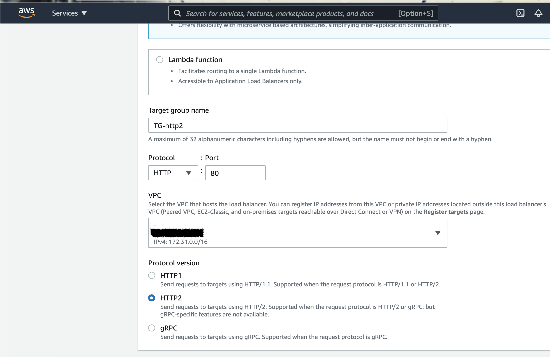 於 ELB 建立 Target Group 時選擇使用 HTTP/2