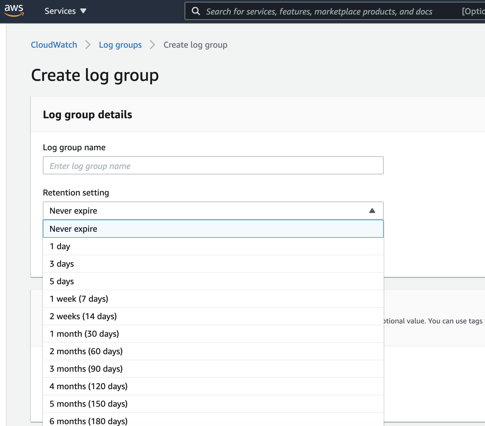 於 AWS Console 建立 CloudWatch Log Group 時選擇日誌保留時間 (Retention setting)